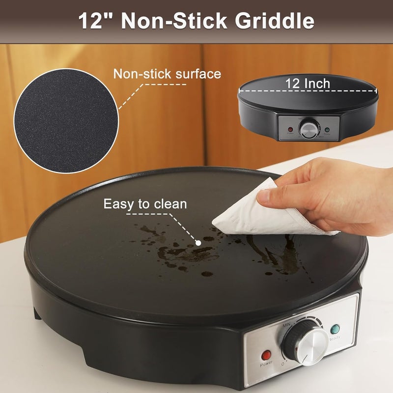UVFAST Electric Crepe Maker 12'' & Griddle - Non-Stick Pan With Spreader for Roti, Tortilla, Blintzes, Pancakes - Adjustable Temperature, 1000W - Image 4